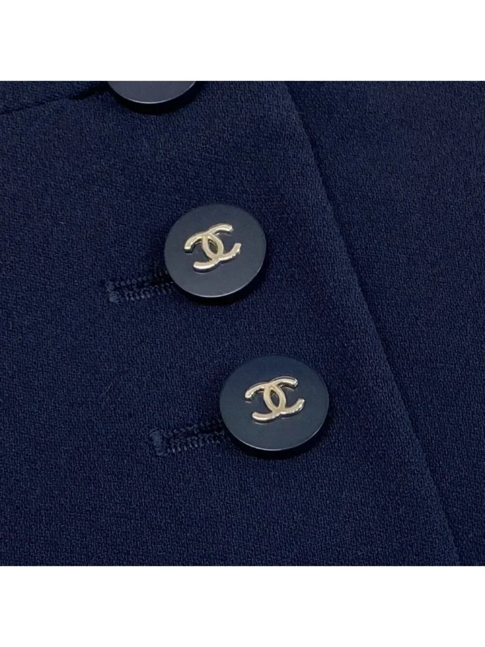 Chanel Vintage Long Tailored Jacket CC Logo Button 42 Dark Navy Wool
